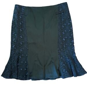Nanette Lepore Detailed Navy Lace and black Satin Panel Trumpet Skirt 10 EUC
